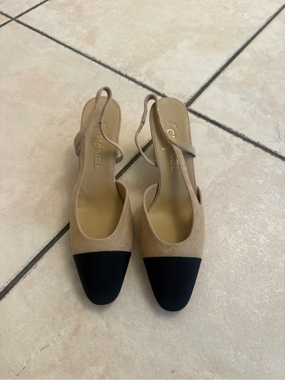 CHANEL Beige and Black Quilted Slingback Block Heel Pumps (medium heel) - Picture 3 of 6